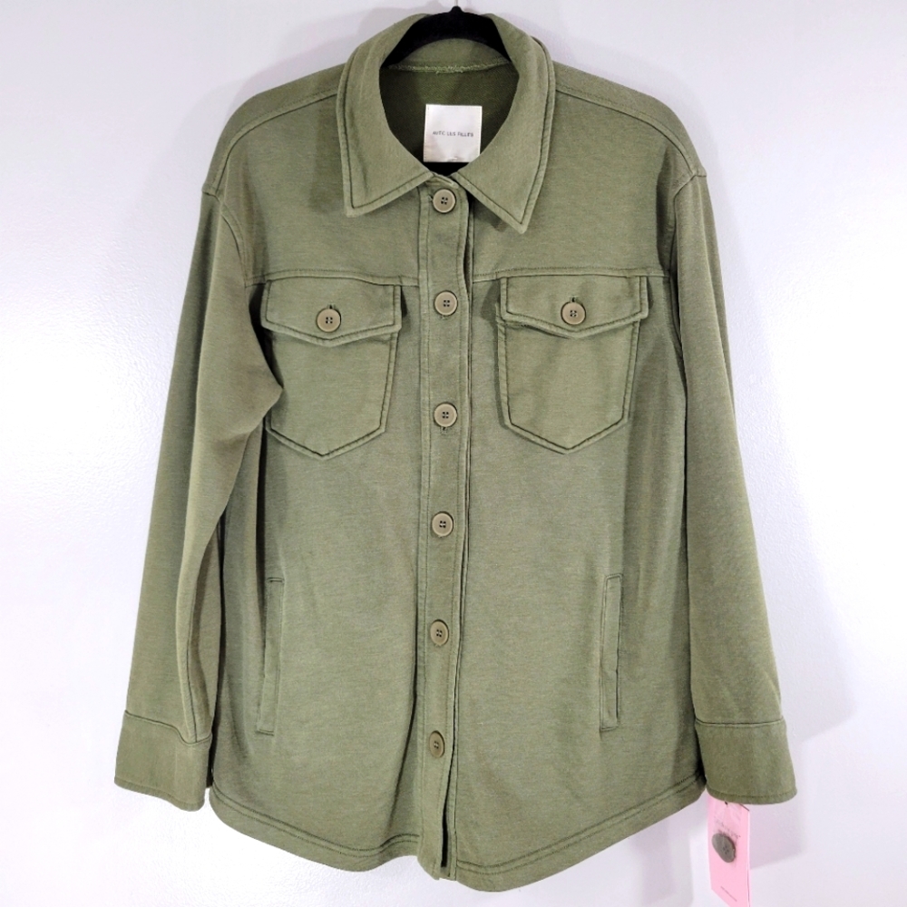 AVEC LES FILLES sage green button front trendy utility shirt jacket shacket NEW